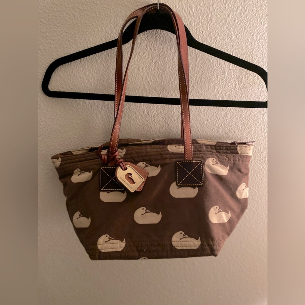 Dooney & Bourke handbag leather and canvas used Duck Print brown cute classic